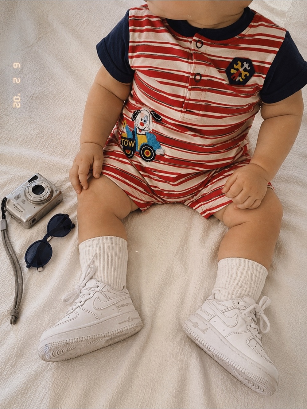 Y2K/Vintage Striped Red & White Baby Romper with Navy Trim